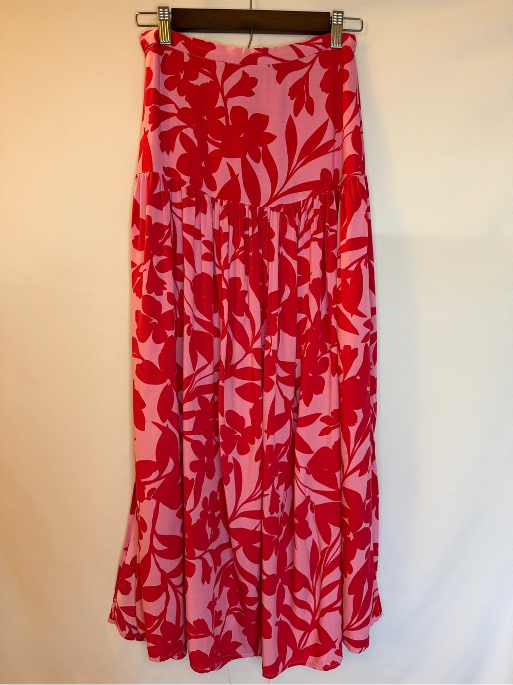 Women's Pink Maxi Skirt with Red Floral Print